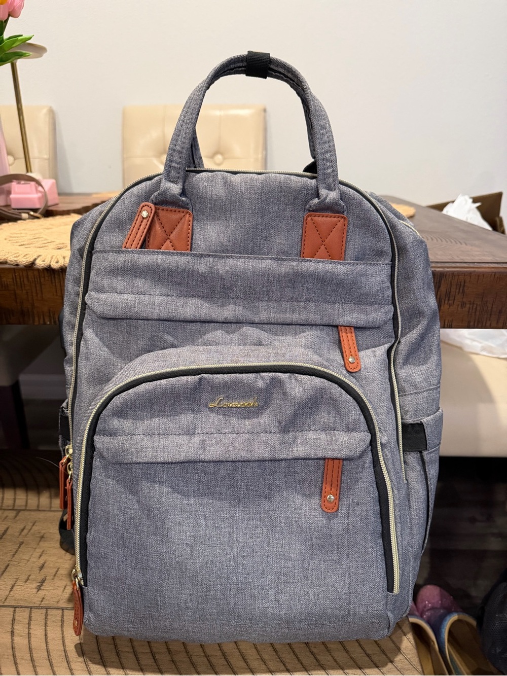 Lovevook Gray Canvas Women’s Backpack with Brown Trim